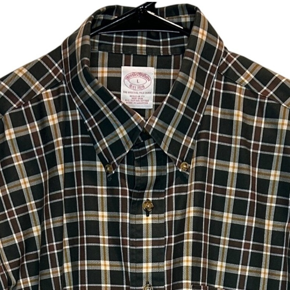 Brooks Brothers Plaid Shirt Large Men's Green Brown Supima Cotton Non-Iron